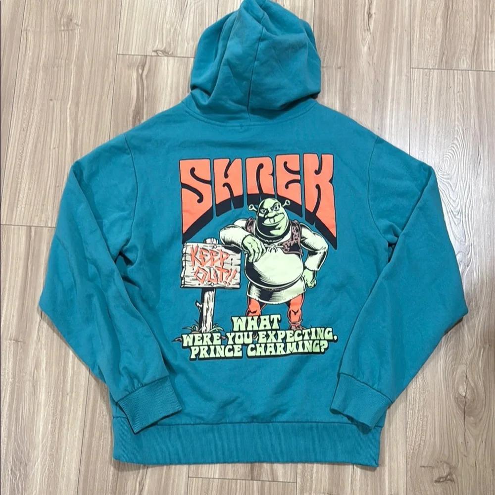 Shrek Beware Ogre Men's Sweatshirt Hoodie Double Sided Graphics Teal Size M